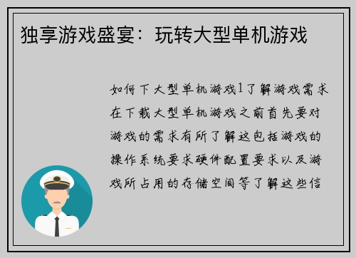 独享游戏盛宴：玩转大型单机游戏